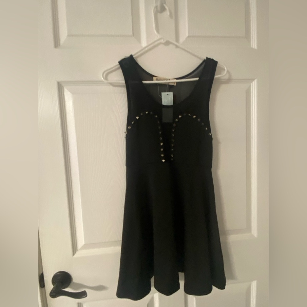 T34- REVERSE Black Studded Mesh CutOut Sleeveless Swing Dress
